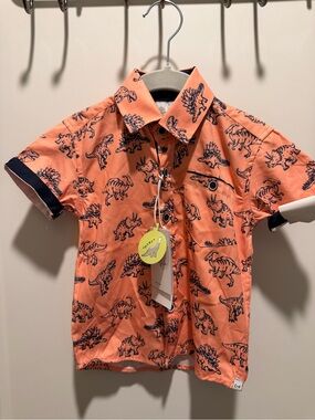 Craft + Flow Toddler 2T Dinosaur Button Front Shirt Orange Short Sleeve Boys
